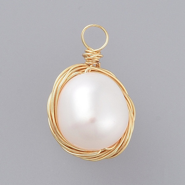 

PandaHall Natural Baroque Pearl Keshi Pearl, Cultured Freshwater Pearl Pendants, with Real 18K Gold Plated Copper Wire, Oval, Seashell Color...
