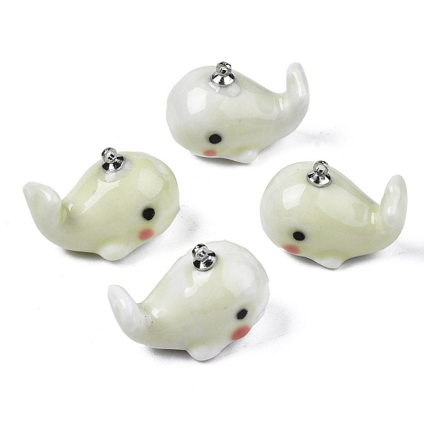 

PandaHall Handmade Porcelain Pendants, with Platinum Plated Brass Findings, Famille Rose Style, Whale, Light Goldenrod Yellow...