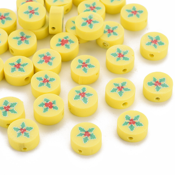 

PandaHall Handmade Polymer Clay Beads, Flat Round with Christmas Holly Leaves, Yellow, 10x4mm, Hole: 1.6mm Polymer Clay Flat Round Yellow