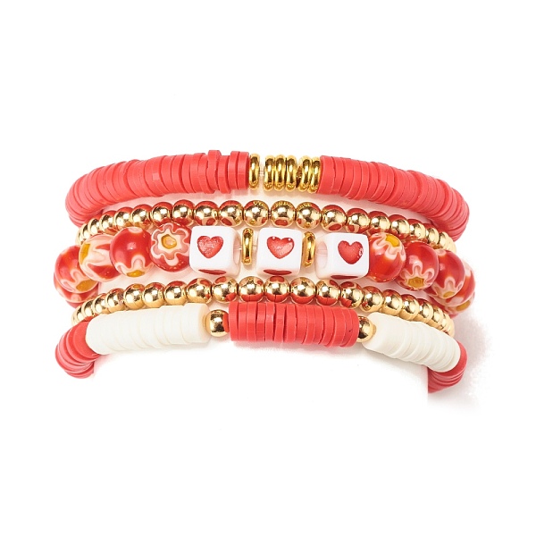 

PandaHall 5Pcs 5 Style Polymer Clay Heishi Beaded Stretch Bracelets Set, Handmade Millefiori Lampwork Bracelets with Heart for Women, Red...