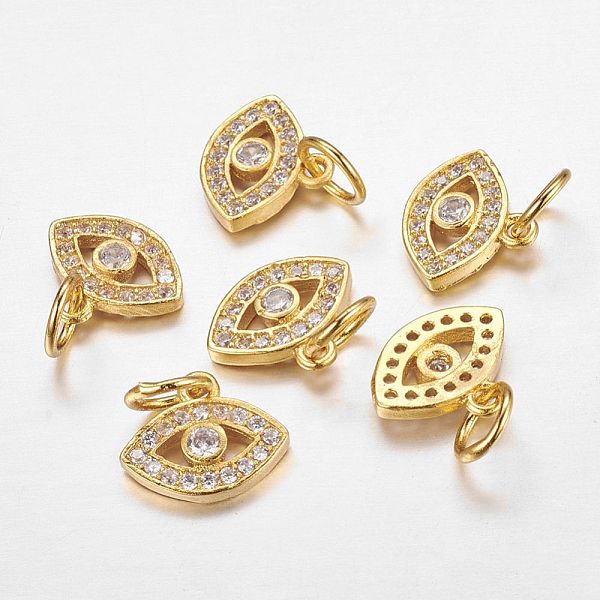 

PandaHall Brass Micro Pave Cubic Zirconia Charms, Evil Eye, Golden, 9x11x2mm, Jump Ring: 5x0.8mm Brass+Cubic Zirconia Eye