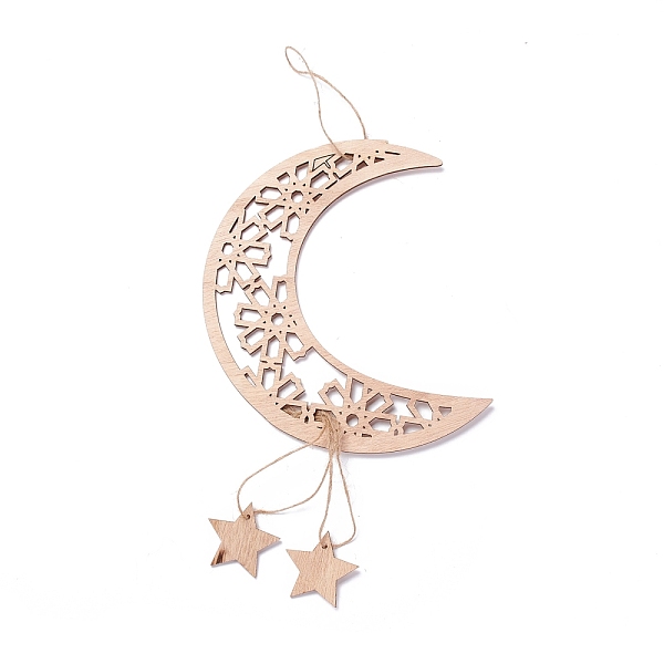 

PandaHall Moon & Flower Unfinished Wood Pendant Ornament, Ramadan Mubarak Eid Pendant, with Hemp Rope, for Home Wall Festive Decorations...