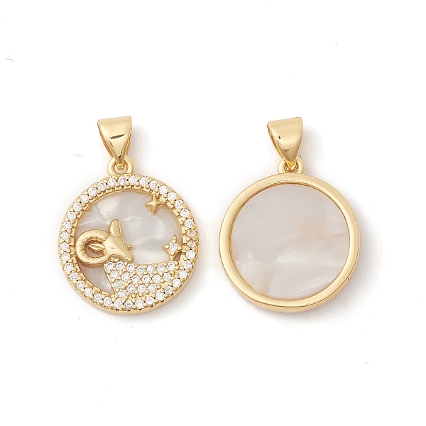 

PandaHall Rack Plating Brass Shell Pendants, with Cubic Zirconia & Natural Shell, Flat Round with Constellation Charms, Cadmium Free & Lead...