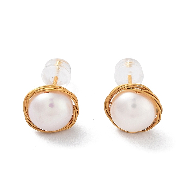 

PandaHall Wire Wrapped Round Natural Pearl Stud Earrings for Women, with Sterling Silver Pins, Real 18K Gold Plated, 9.5~10.5mm Pearl Round