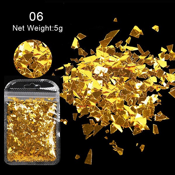 

PandaHall Shining Nail Art Glitter, Manicure Sequins, DIY Sparkly Paillette Tips Nail, Gold, Pack Size: 110x70mm, about 5g/bag Plastic Mixed...