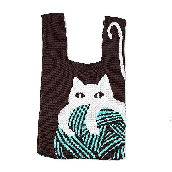 

PandaHall Polyester Mini Knit Tote Bags, Crochet Tote Handbag Lunch Box Bag, Cat Shape, 34x19.5x2.1cm Polyester Cat Shape