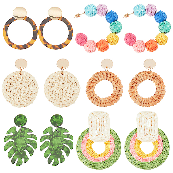 

PandaHall ANATTASOUL 6 Pairs 6 Style Monstera Leaf & Circle Ring Acrylic Stud Earrings with Iron Pins, Rattan Beaded Half Hoop Earrings for..., Multicolor