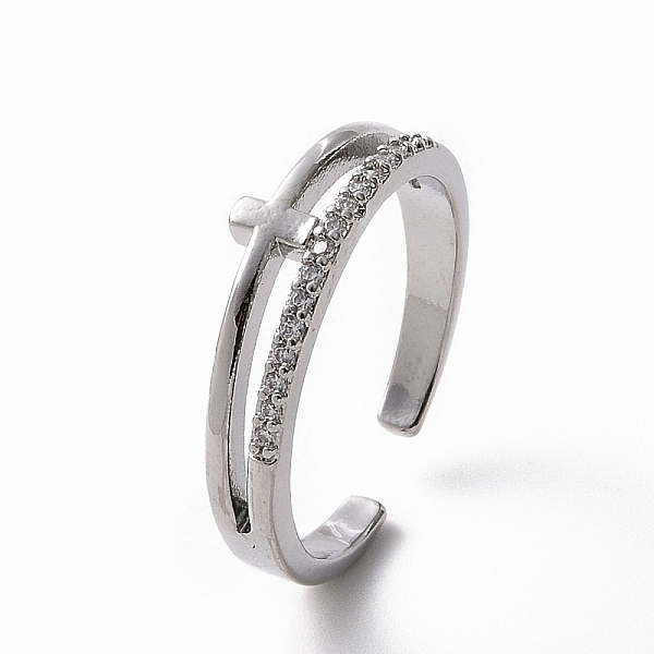 

PandaHall Clear Cubic Zirconia Cross Open Cuff Ring, Brass Jewelry for Women, Platinum, Inner Diameter: 17.8mm Brass+Cubic Zirconia Clear