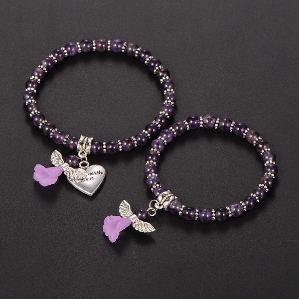 PandaHall Mother daughter Jewelry, Amethyst Beaded Acrylic Charm Bracelets, with Tibetan Style Alloy Beads and Heart Pendants, Lovely...