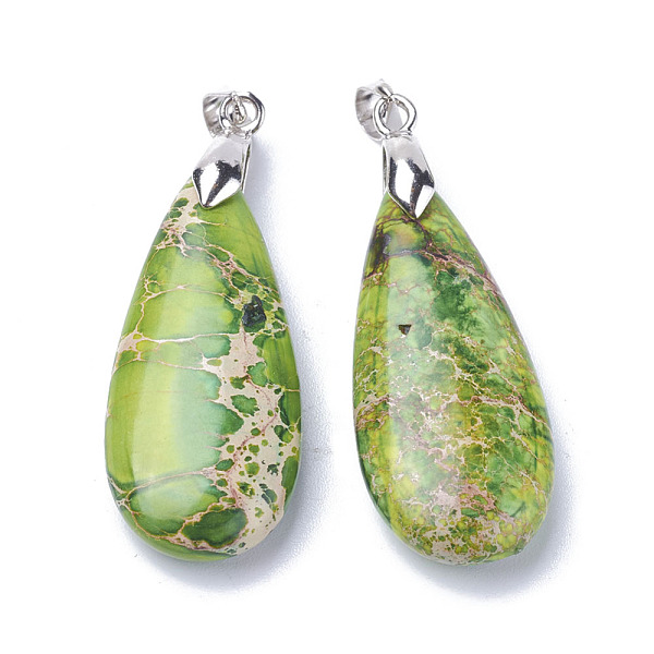 

PandaHall Natural Regalite/Imperial Jasper/Sea Sediment Jasper Pendants, Dyed, with Platinum Tone Brass Findings, teardrop, Light Green...