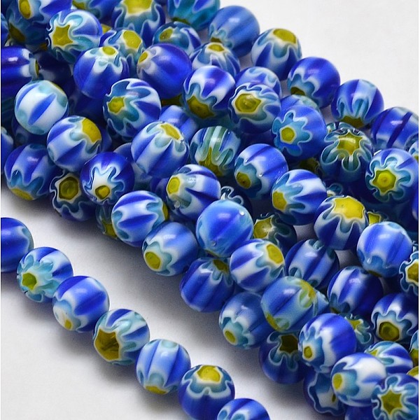 

PandaHall Round Millefiori Glass Beads Strands, Blue, 7.6~8mm, Hole: 1mm, about 48pcs/strand, 14.9 inch Millefiori Lampwork Round Blue