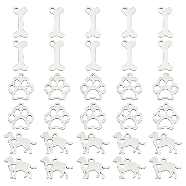 

PandaHall ARRICRAFT 30Pcs 3 Style 304 & 201 Stainless Steel Pendants, Dog Bone & Dog Paw Prints & Dog, Stainless Steel Color...