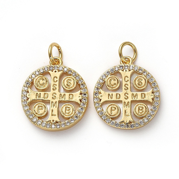

PandaHall Golden Tone Brass Micro Pave Cubic Zirconia Pendants, with Jump Rings and Shell, Flat Round with Cross & Word, Clear, 17.5x15x2mm...