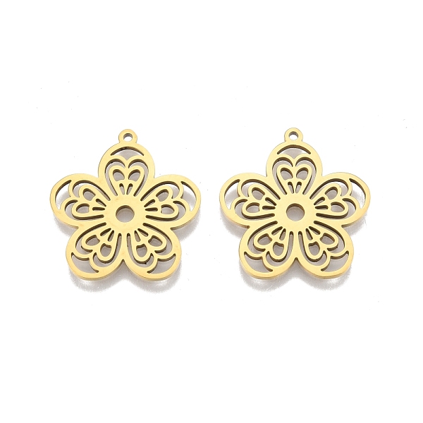 

PandaHall Ion Plating(IP) 201 Stainless Steel Pendants, Flower, Real 18K Gold Plated, 27x25.5x1.5mm, Hole: 1.4mm 201 Stainless Steel Flower