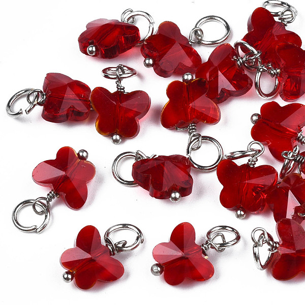 

PandaHall Faceted Transparent Glass Charms, with Iron Jump Ring, Butterfly, Red, 13~14x9.8x6mm, Hole: 4mm Iron+Glass Butterfly Red