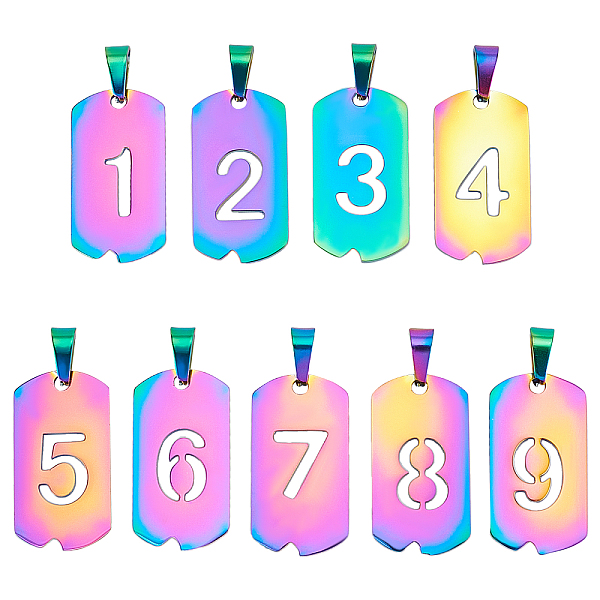 PandaHall Unicraftale 9Pcs 9 Style Vacuum Plating 304 Stainless Steel Pendants, Rectangle with Number, Rainbow Color, 27.5x14.5x1.5mm, Hole...