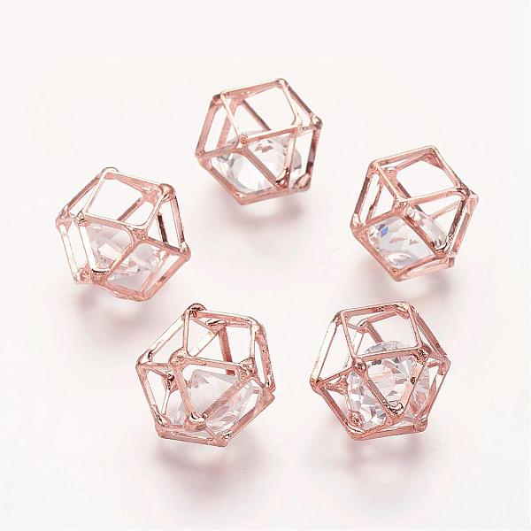 

PandaHall Brass Hollow Polygon Beads, with Floating Glass Beads Inside, Rose Gold, 13x13x17mm Brass+Glass Polygon Clear
