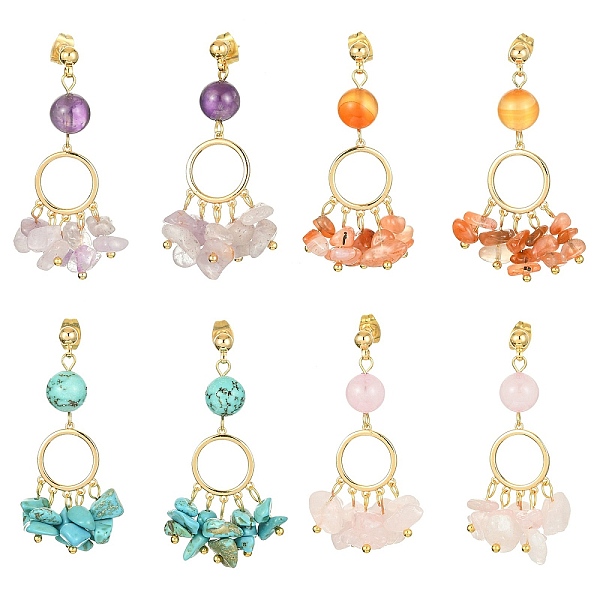 

PandaHall 4 Pair 4 Style Golden Brass Ring Chandelier Earrings, Natural & Synthetic Mixed Gemstone Chips Drop Earrings, 46~48mm, 1...