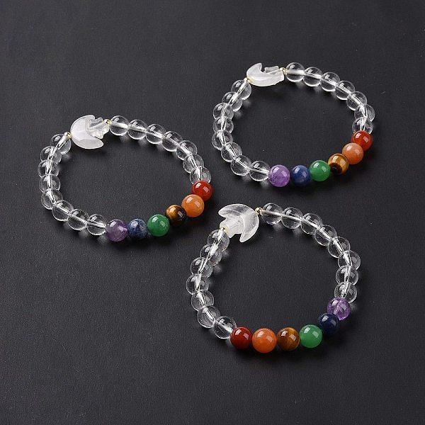 

PandaHall Moon and Star Natural Quartz Crystal & Mixed Gemstone Beaded Bracelets for Women, Inner Diameter: 2 inch(5.2cm) Quartz Crystal