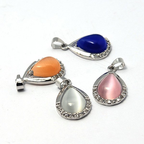 

PandaHall Cat Eye Pendants, with Brass Rhinestone Pendant Settings, Platinum Color, Teardrop, Mixed Color, 22x14x6mm, Hole: 4x5mm Brass+Cat..., Multicolor