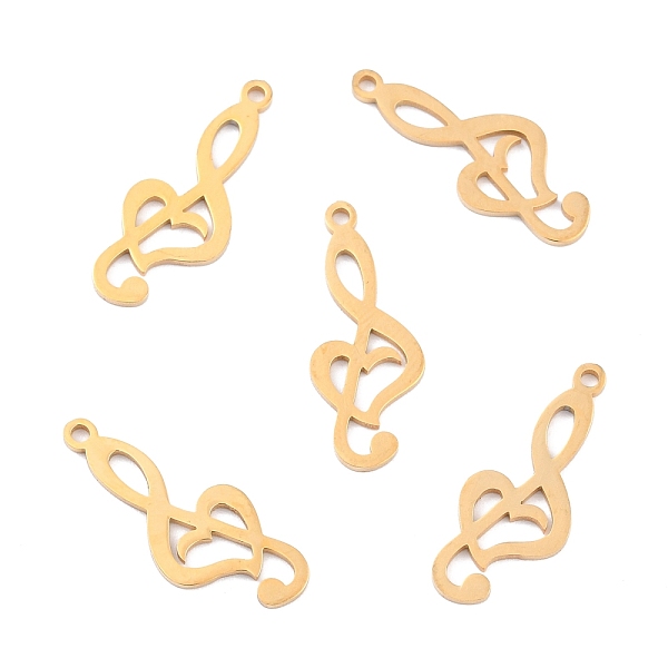 PandaHall Ion Plating(IP) 201 Stainless Steel Pendants, Treble Clef, Golden, 24x10x1mm, Hole: 1.6mm 201 Stainless Steel Musical Note