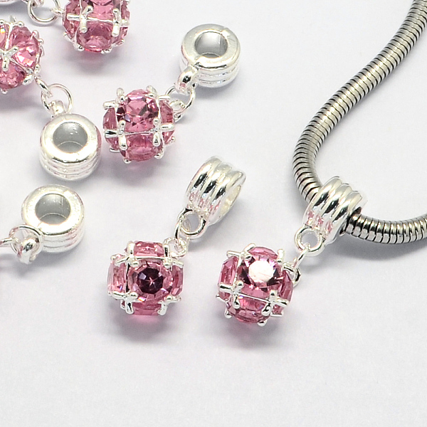 

PandaHall Alloy European Dangle Charms, with Rhinestones, Large Hole Pendants, Round, Silver Color Plated, Light Rose, 28mm, Hole: 5mm...