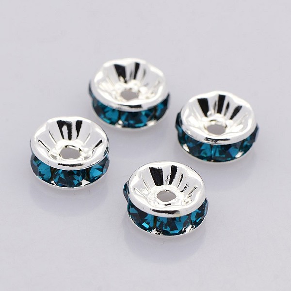 PandaHall Brass Rhinestone Spacer Beads, Grade A, Straight Flange, Silver Color Plated, Rondelle, Blue Zircon, 8x3.8mm Hole: 1.5mm...