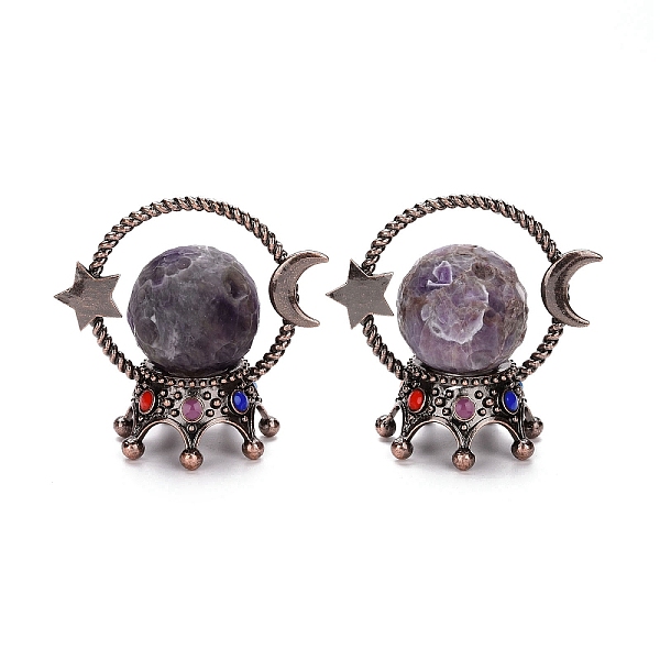 

PandaHall Natural Amethyst Sphere Display Decorations, with Alloy Enamel Pedestal, Star with Moon, Red Copper, 79x82x50mm Amethyst Round