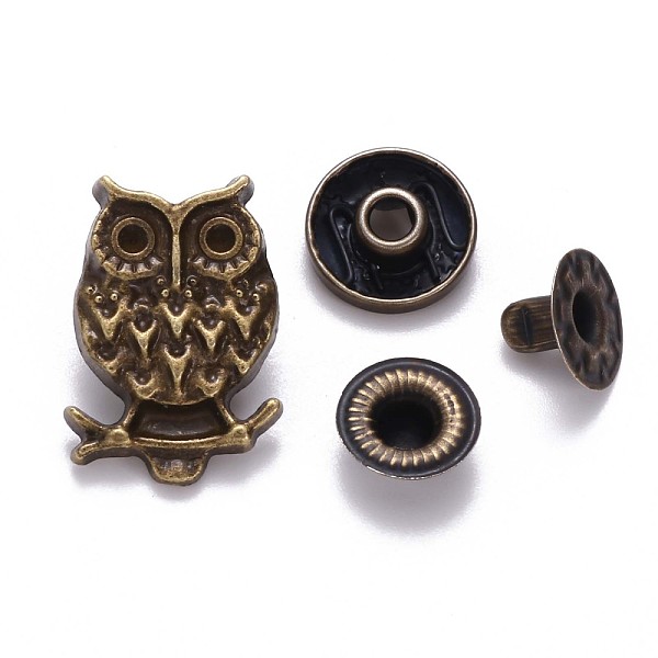 

PandaHall Brass Snap Buttons, Alloy Cap, Garment Buttons, Cadmium Free & Lead Free, Owl Shape, Antique Bronze, Cap: 21.5x15mm, Pin: 3mm...