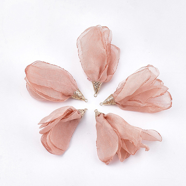 

PandaHall Polyester Big Pendants, with Iron Findings, Flower, Light Gold, Light Coral, 63~67x10mm, Hole: 1.5~2mm Polyester Flower Red