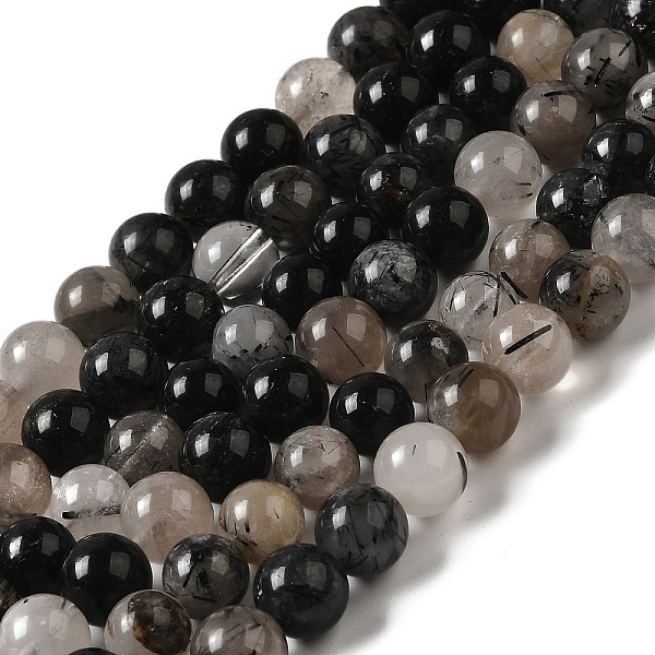 PandaHall Natural Black Rutilated Quartz Beads Strands, Round, 6~7mm, Hole: 1mm, about 61pcs/strand, 15.5 inch Rutilated Quartz Round