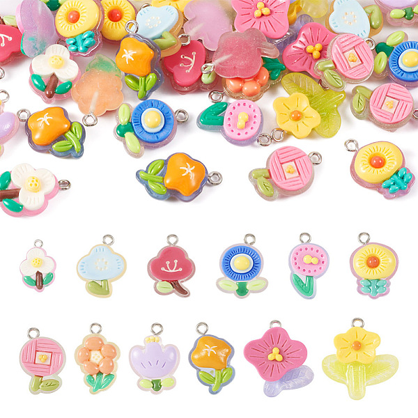 

PandaHall 48Pcs 12 Styles Translucent Resin Pendants, Glitter Flower Charms, with Platinum Tone Iron Loops, Mixed Color, 18~23x13~17x6~8mm..., Multicolor