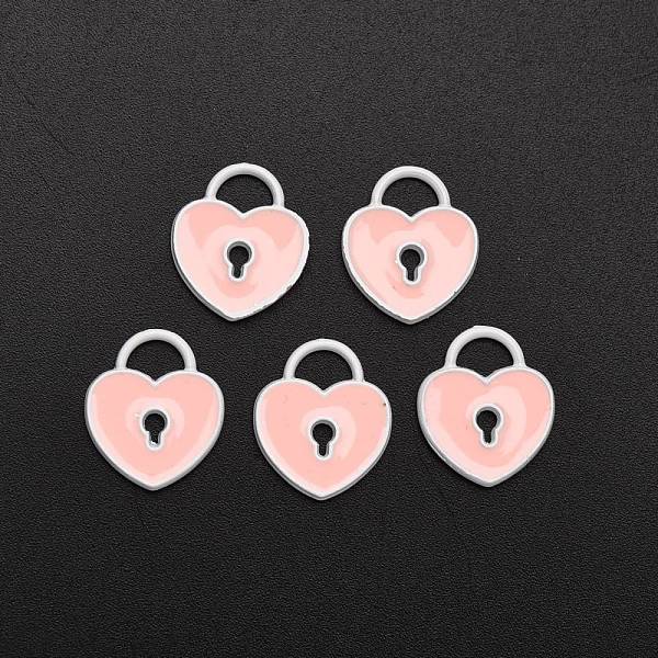 PandaHall Spray Painted Alloy Enamel Pendants, Heart Lock, Pink, 12.5x11x1.5mm, Hole: 4mm Alloy+Enamel Lock Pink