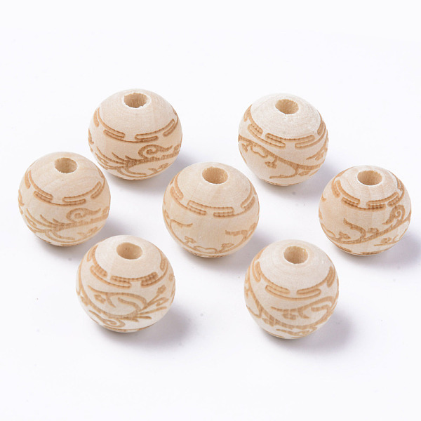 

PandaHall Unfinished Natural Wood European Beads, Large Hole Beads, for DIY Painting Craft, Laser Engraved Pattern, Round with Flower...