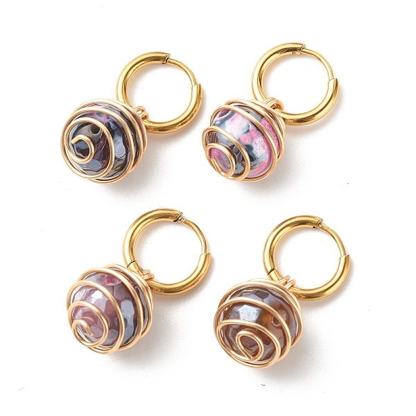 

PandaHall Round Natural Agate Beads Dangle Huggie Hoop Earrings, Spiral Wire Wrap Stone Beads Drop Earrings for Women, Golden, Indigo, 30mm..., Purple