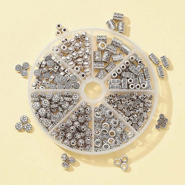 PandaHall 372Pcs 8 Style Tibetan Style Alloy Beads, Flower & Round & Rondelle & Column & Barrel & Cuboid & Flat Round, Antique Silver...