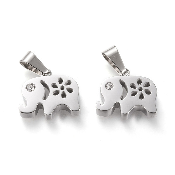 

PandaHall 304 Stainless Steel Pendants, with Rhinestone, Manual Polishing, Elephant, Stainless Steel Color, 13.5x15.5x3.5~4mm, Hole: 3x7mm..., Clear