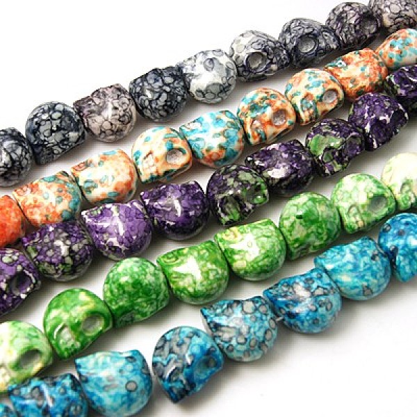 

PandaHall Synthetic Ocean White Jade Beads Strands, Dyed, Halloween, Skull, Mixed Color, 12x10x12mm, Hole: 1mm, about 33~34pcs/strand, 15.35..., Multicolor