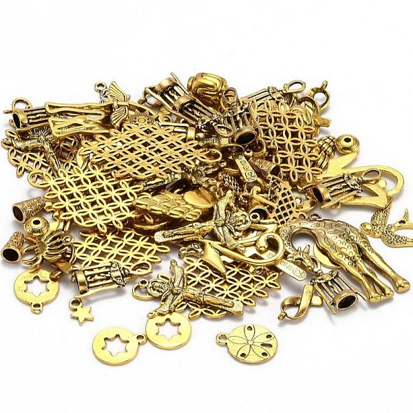 

PandaHall Tibetan Style Collection, Mixed Shapes Beads & Alloy Pendants, Mixed Size, Antique Golden, 2~50mm Alloy Mixed Shapes