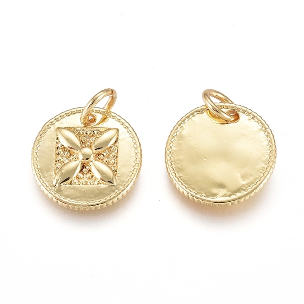 

PandaHall Brass Charms, with Jump Rings, Flat Round with Flower, Golden, 12x2mm, Hole: 3.4mm Brass Flat Round