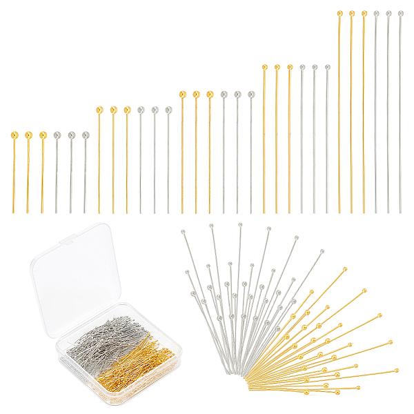 

PandaHall UNICRAFTALE About 500pcs Brass Ball Head Pins 20~50mm Straight Head Pin 2 Colors Metal Eye Pins Findings End Headpins Findings for...