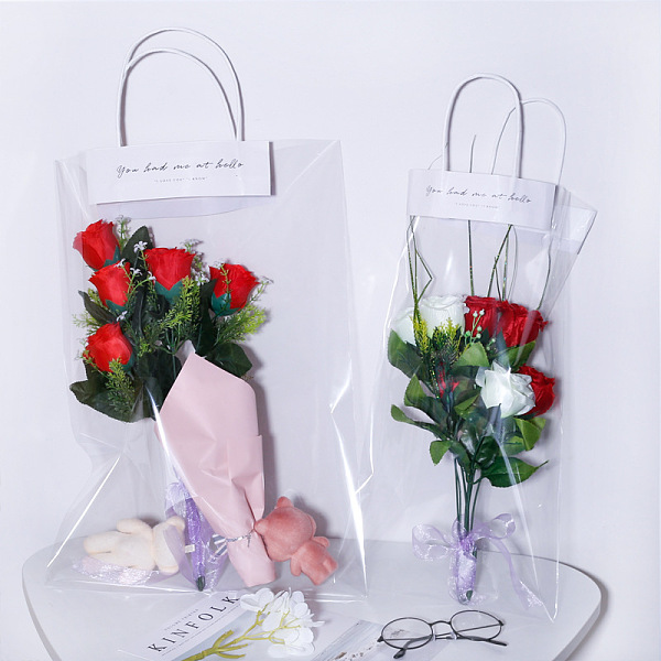 PandaHall Transparent BOPP Plastic Gift Bag, with Sticks & Handle, Flower Packing Bags, Recycled Bags, for Wedding, for Valentine's Day...