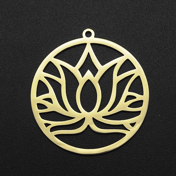 

PandaHall 201 Stainless Steel Pendants, Laser Cut, Ring with Lotus, Golden, 32x30x1mm, Hole: 1.6mm 201 Stainless Steel Flower