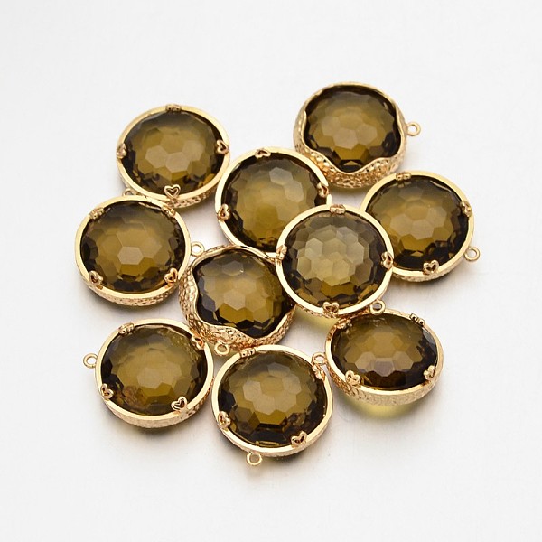 

PandaHall Golden Plated Brass Glass Pendants, Faceted Flat Round, Coffee, 21.5x20x10mm, Hole: 1mm Brass+Glass Flat Round Brown