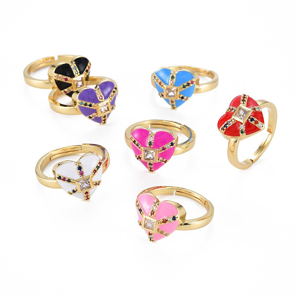 

PandaHall Adjustable Brass Micro Pave Colorful Cubic Zirconia Finger Rings, with Enamel, Nickel Free, Heart, Real 16K Gold Plated, Mixed..., Multicolor