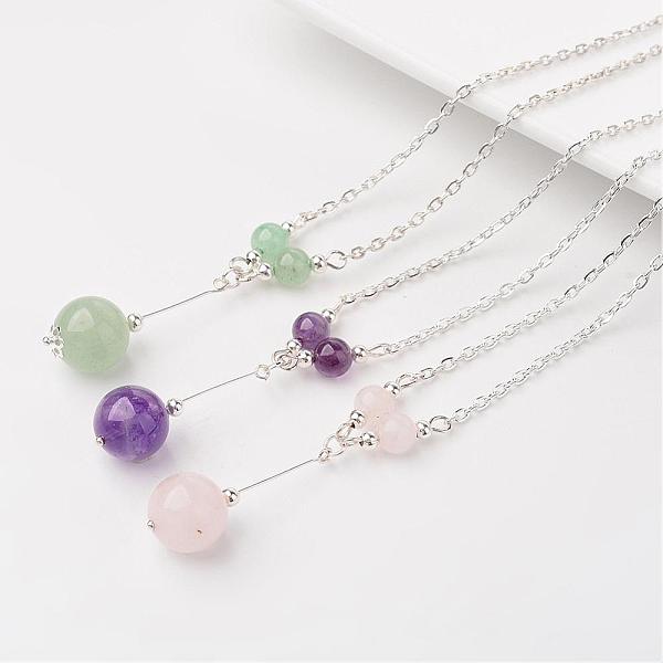

PandaHall Natural Gemstones Pendant Necklaces, with Iron Chains and Spring Clasp, 16.9 inch Mixed Stone Silver