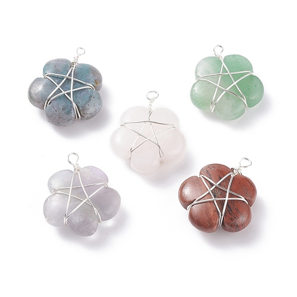 

PandaHall Natural Gemstone Pendants, with Copper Wire Wrapped, Flower, Platinum, 23.5~26x20x8~9.5mm, Hole: 2mm Mixed Stone Flower