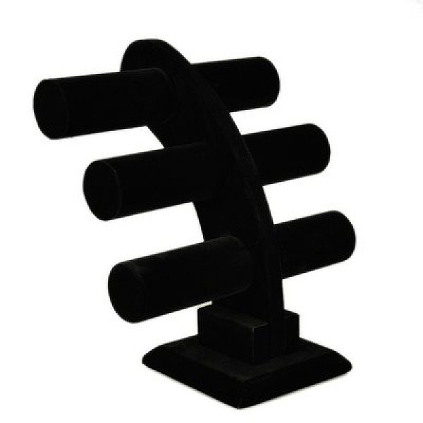 PandaHall Velvet 3 Tier T-Bar Bracelet Display Stand, with Wood Inside, Black, 285x150x310mm Velvet Black