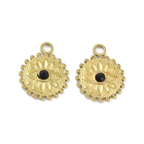 

PandaHall Ion Plating(IP) 304 Stainless Steel Rhinestone Pendants, Flat Round with Eye Charm, Real 18K Gold Plated, 18.5x15x3mm, Hole: 2.5mm...
