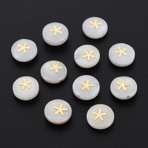 

PandaHall Natural Freshwater Shell Beads, with Golden Plated Brass Metal Embellishments, Flat Round with Flower, Seashell Color, 8x4.5mm...